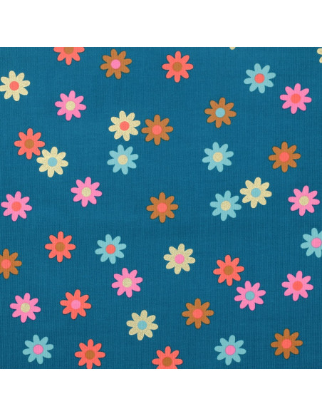 Fantasie-Feincordstoff - Blumen auf petrolblauem Hintergrund