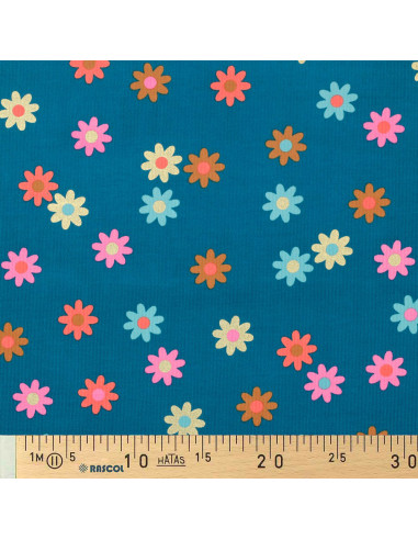 Fantasie-Feincordstoff - Blumen auf petrolblauem Hintergrund