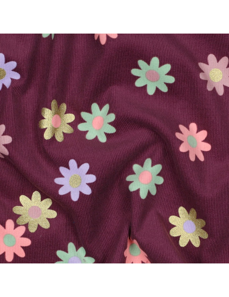 Fantasie-Feincordstoff - Blumen auf bordeauxfarbenem Hintergrund
