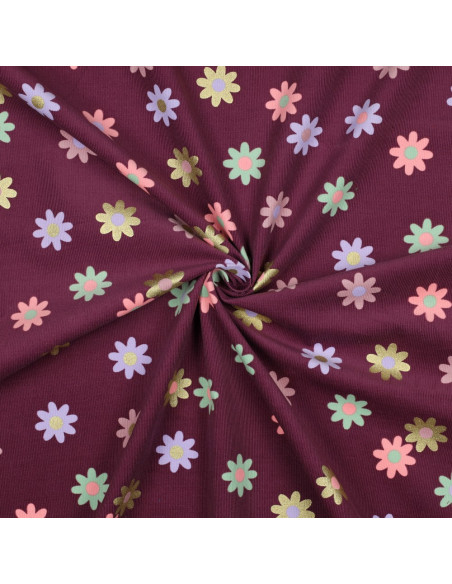 Fantasie-Feincordstoff - Blumen auf bordeauxfarbenem Hintergrund