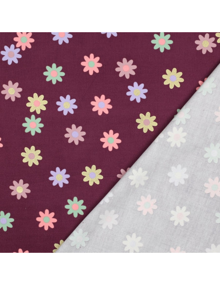 Fantasie-Feincordstoff - Blumen auf bordeauxfarbenem Hintergrund