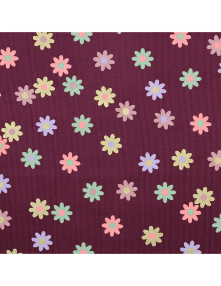 Fantasie-Feincordstoff - Blumen auf bordeauxfarbenem Hintergrund