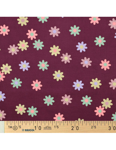 Fantasie-Feincordstoff - Blumen auf bordeauxfarbenem Hintergrund
