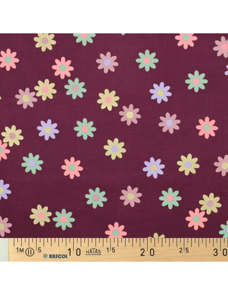 Fantasie-Feincordstoff - Blumen auf bordeauxfarbenem Hintergrund