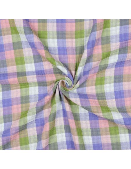 Doppelgaze-Baumwollstoff mit Karomuster - Rosa und Lavendel