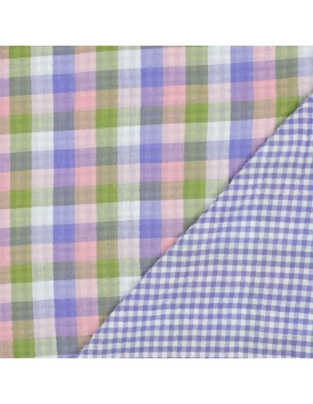 Doppelgaze-Baumwollstoff mit Karomuster - Rosa und Lavendel