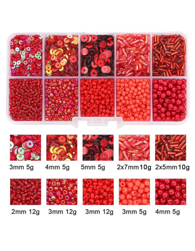 Schachtel mit 80 g Rocailles und Pailletten - Rot