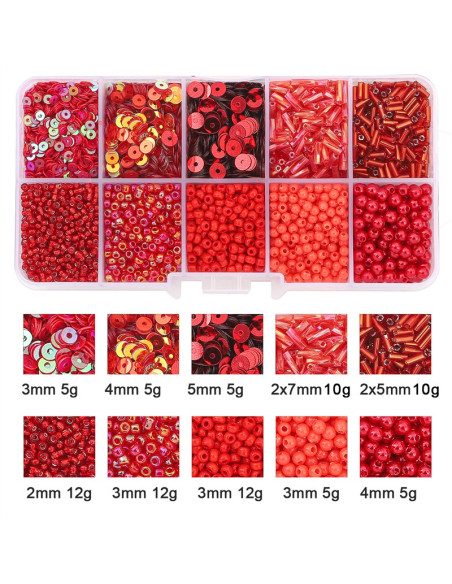 Schachtel mit 80 g Rocailles und Pailletten - Rot