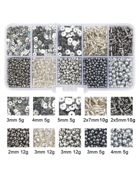 Schachtel mit 80 g Rocailles und Pailletten - Silber