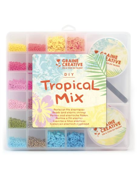 Perlenbox mit Rocailles, Heishi, elastischem Band und Zange - Tropical Mix
