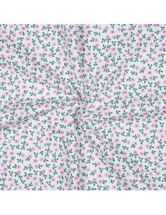 Baumwoll-Popeline-Stoff - Rosa Blumen auf weißem Hintergrund