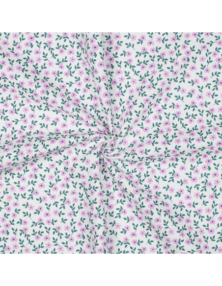 Baumwoll-Popeline-Stoff - Rosa Blumen auf weißem Hintergrund