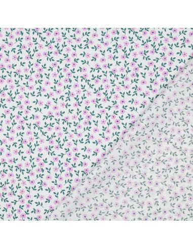 Baumwoll-Popeline-Stoff - Rosa Blumen auf weißem Hintergrund