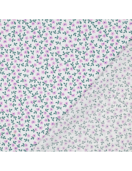 Baumwoll-Popeline-Stoff - Rosa Blumen auf weißem Hintergrund