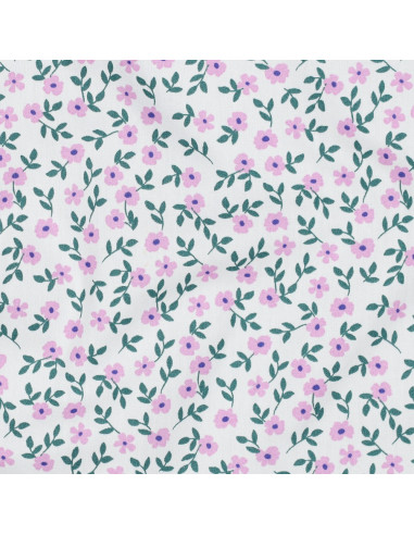 Baumwoll-Popeline-Stoff - Rosa Blumen auf weißem Hintergrund