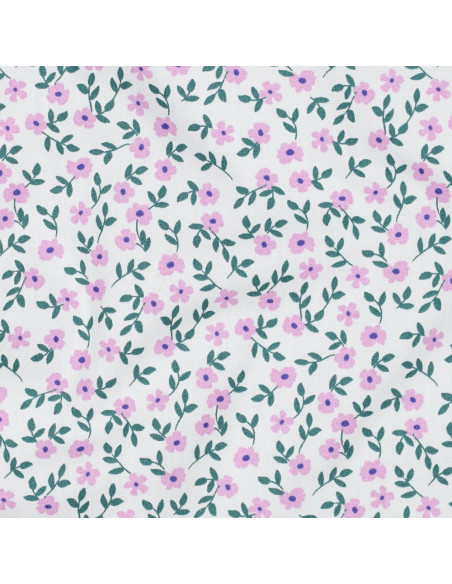 Baumwoll-Popeline-Stoff - Rosa Blumen auf weißem Hintergrund