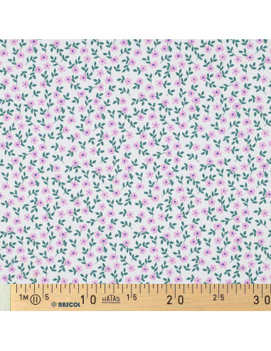 Baumwoll-Popeline-Stoff - Rosa Blumen auf weißem Hintergrund