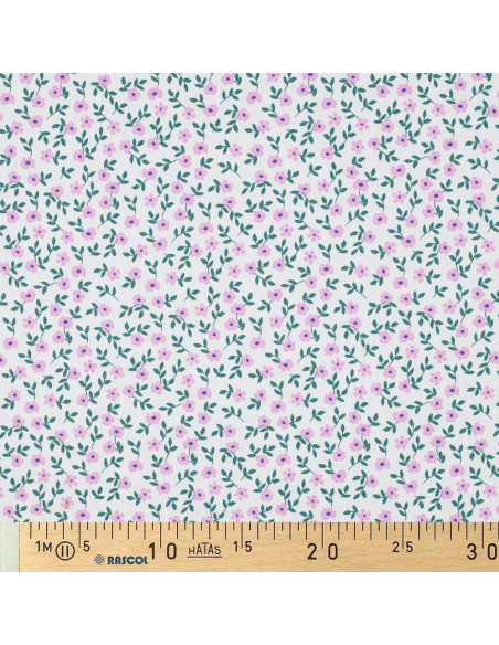 Baumwoll-Popeline-Stoff - Rosa Blumen auf weißem Hintergrund