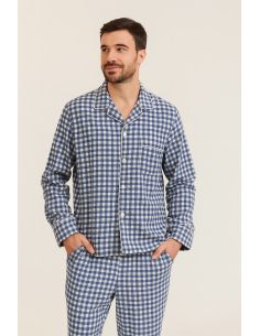 Flanellstoff mit großen Karos - Blau und Ecru 2