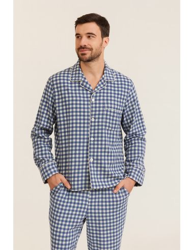 Flanellstoff mit großen Karos - Blau und Ecru