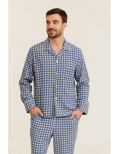 Flanellstoff mit großen Karos - Blau und Ecru