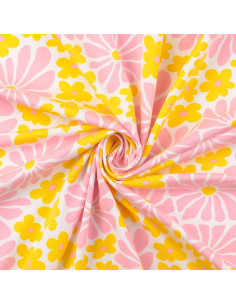 Fantasiestoff Jersey - Sechzigerjahre-Blumen in Gelb und Rosa