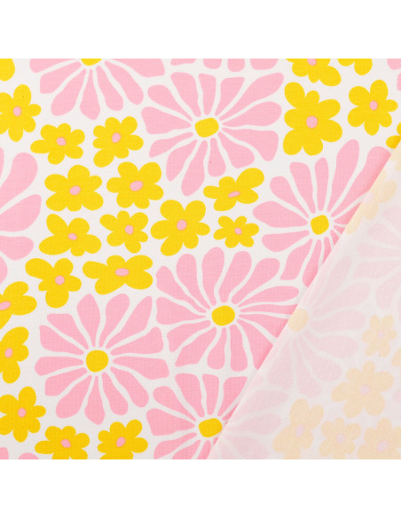Fantasiestoff Jersey - Sechzigerjahre-Blumen in Gelb und Rosa