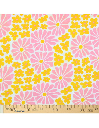 Fantasiestoff Jersey - Sechzigerjahre-Blumen in Gelb und Rosa