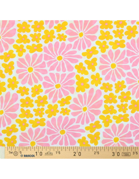 Fantasiestoff Jersey - Sechzigerjahre-Blumen in Gelb und Rosa