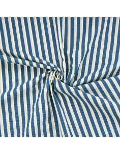 Seersucker-Stoff mit breiten Streifen - Jeansblau und Ecru