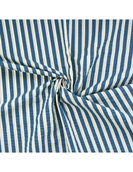 Seersucker-Stoff mit breiten Streifen - Jeansblau und Ecru