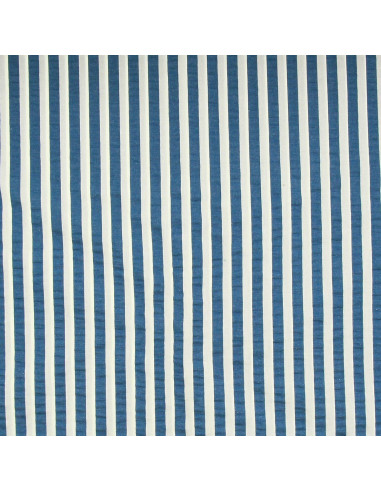 Seersucker-Stoff mit breiten Streifen - Jeansblau und Ecru