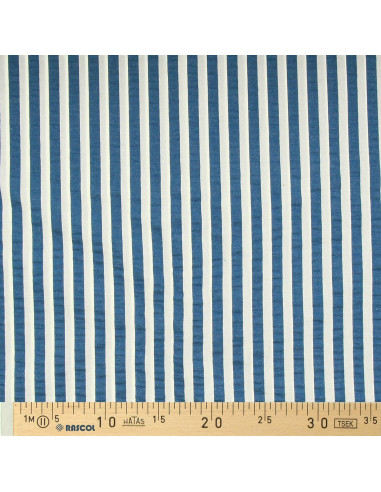 Seersucker-Stoff mit breiten Streifen - Jeansblau und Ecru