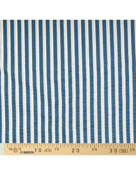 Seersucker-Stoff mit breiten Streifen - Jeansblau und Ecru
