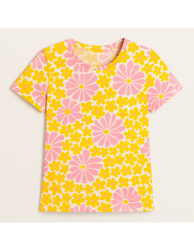 Fantasiestoff Jersey - Sechzigerjahre-Blumen in Gelb und Rosa