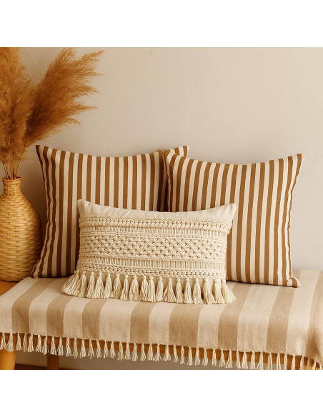 Seersucker-Stoff mit breiten Streifen - Beige und Havanna