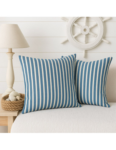 Seersucker-Stoff mit breiten Streifen - Jeansblau und Ecru