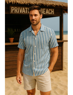 Seersucker-Stoff mit breiten Streifen - Jeansblau und Ecru 2