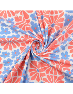 Fantasiestoff Jersey - Sechzigerjahre-Blumen in Rot und Blau