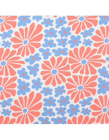 Fantasiestoff Jersey - Sechzigerjahre-Blumen in Rot und Blau