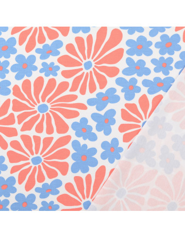Fantasiestoff Jersey - Sechzigerjahre-Blumen in Rot und Blau