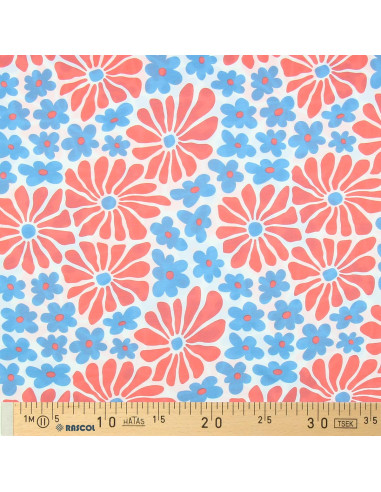 Fantasiestoff Jersey - Sechzigerjahre-Blumen in Rot und Blau