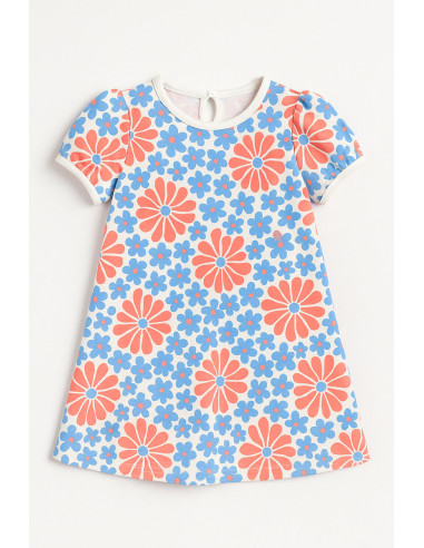 Fantasiestoff Jersey - Sechzigerjahre-Blumen in Rot und Blau