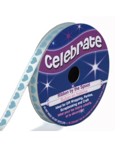Weißes Satinband Celebrate mit himmelblauen Herzen bedruckt - 6 mm x 4 Meter