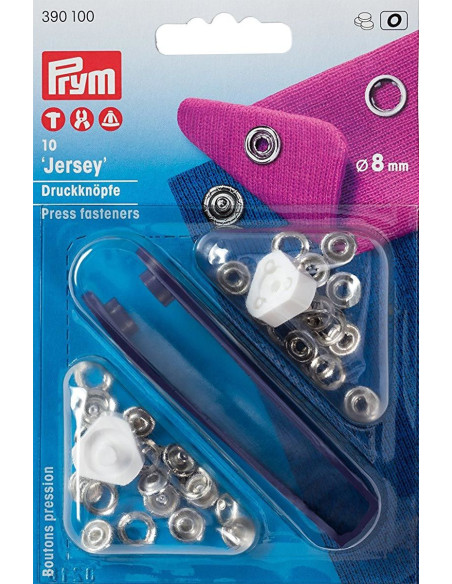 Schachtel mit 10 Jersey-Druckknöpfen Nickel mit Werkzeug 8 mm