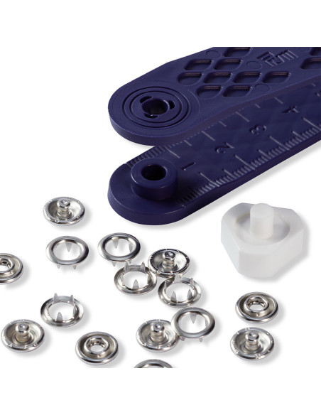 Schachtel mit 10 Jersey-Druckknöpfen Nickel mit Werkzeug 8 mm