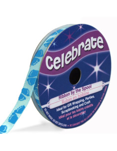 Satinband Celebrate himmelblau mit blauen Fußabdrücken bedruckt - 6 mm x 4 Meter