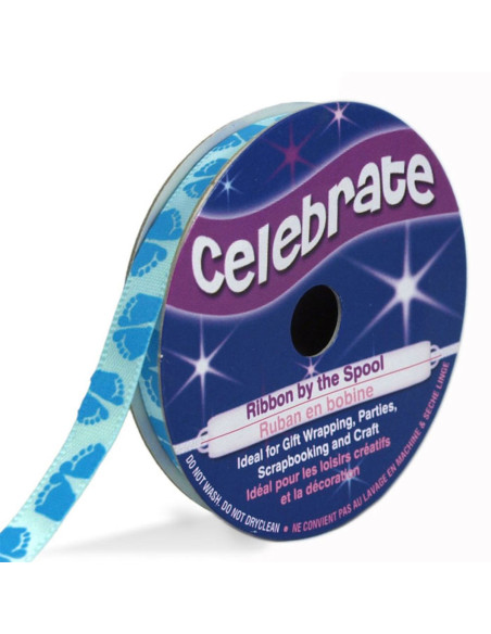 Satinband Celebrate himmelblau mit blauen Fußabdrücken bedruckt - 6 mm x 4 Meter
