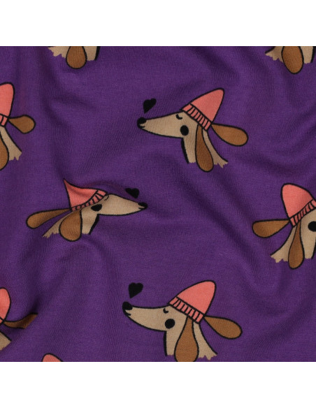 Sweatshirtstoff mit Hunden und Herzen - Violett