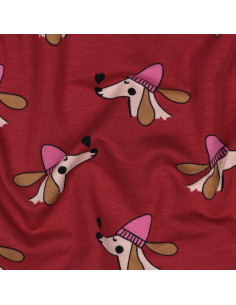 Sweatshirtstoff mit Hunden und Herzen - Rot